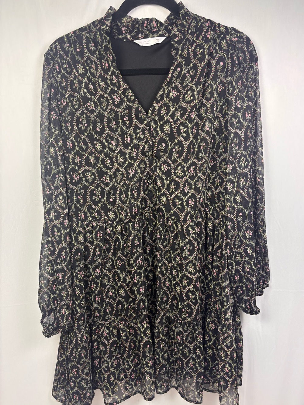 LC Lauren Conrad Black Floral V-Neck Tiered Long Sleeve Dress XXL